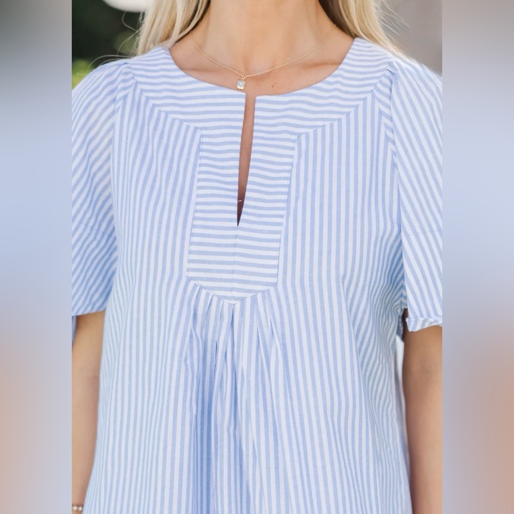 Blue & White Stripe Cotton Flutter Sleeve Blouse | Swing | XL | New | Mint Julep - Picture 2 of 8
